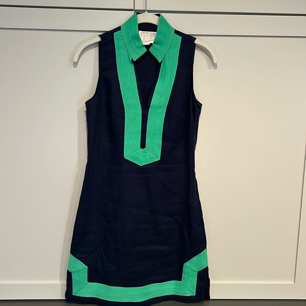 Sail to Sable Navy Dress with Green Trim